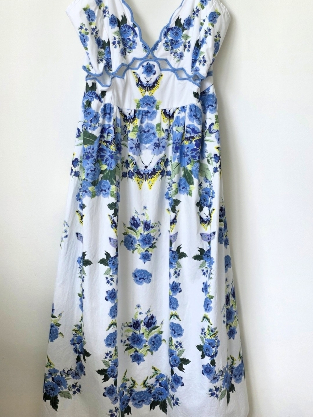 By Anthropologie Cotton Scalloped Midi Dress Floral Butterfly Preppy Size M - Picture 4 of 16